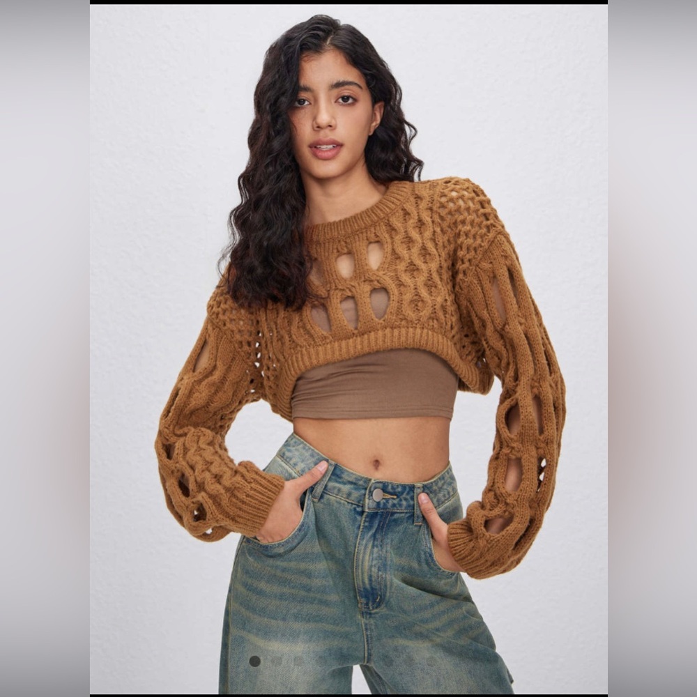 KNIT ROUND NECKLINE HOLLOW OUT LONG SLEEVE CROP TOP